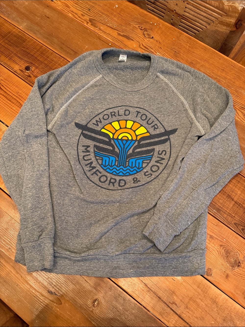 Alternative Gray Crewneck Sweatshirt with Yellow & Blue World Tour Graphic